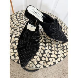 Sparkling Black Pointed Toe Mule Heels — Rhinestone Bow Accent • Stylish & Chic!